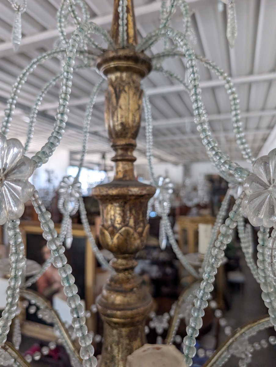 8-light Genoese Chandelier In Crystal And Gilded Wood, Early 20th Century-photo-2