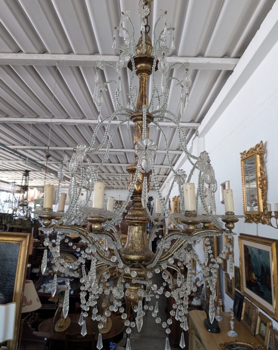 8-light Genoese Chandelier In Crystal And Gilded Wood, Early 20th Century-photo-3