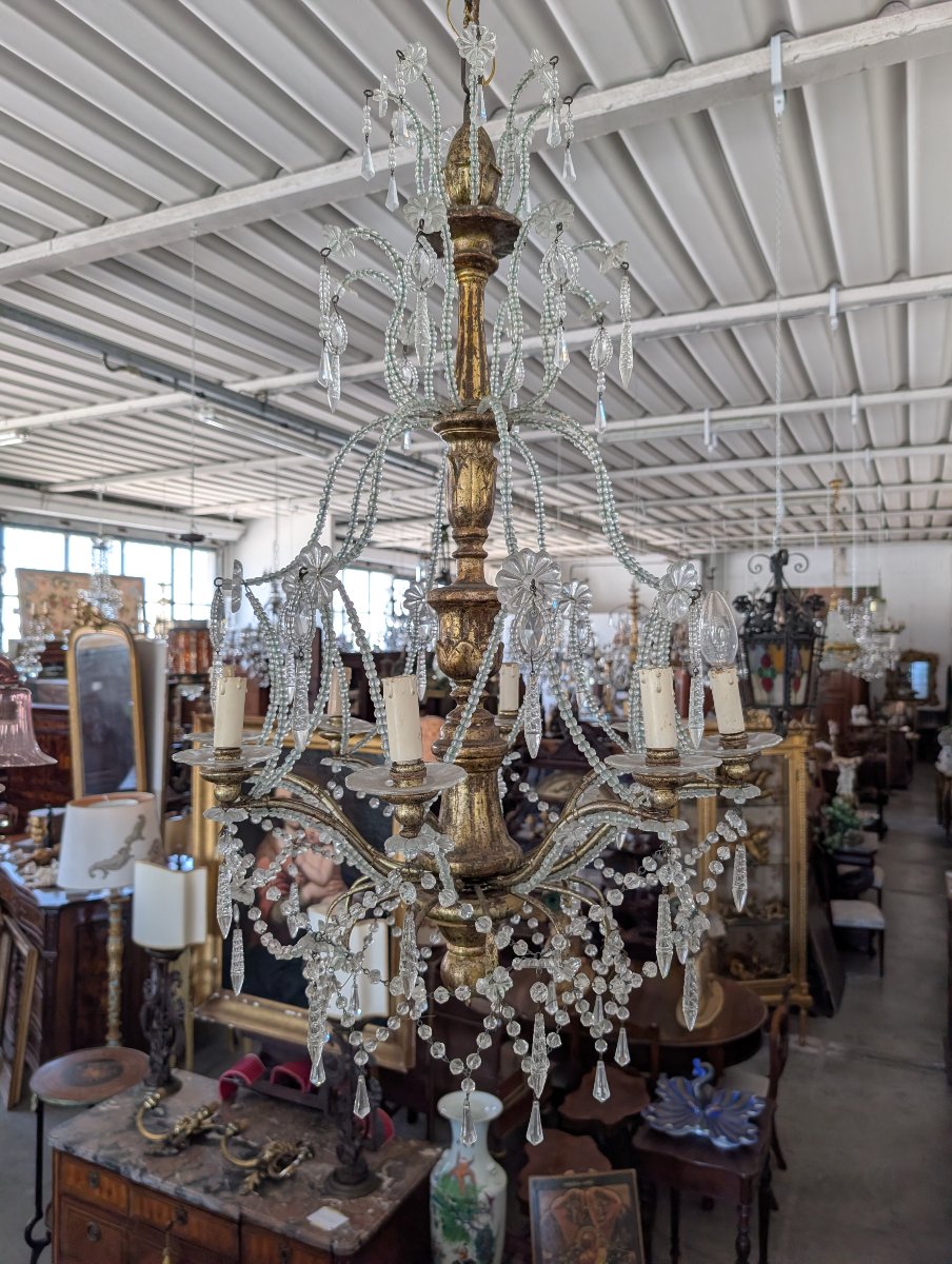 8-light Genoese Chandelier In Crystal And Gilded Wood, Early 20th Century-photo-1