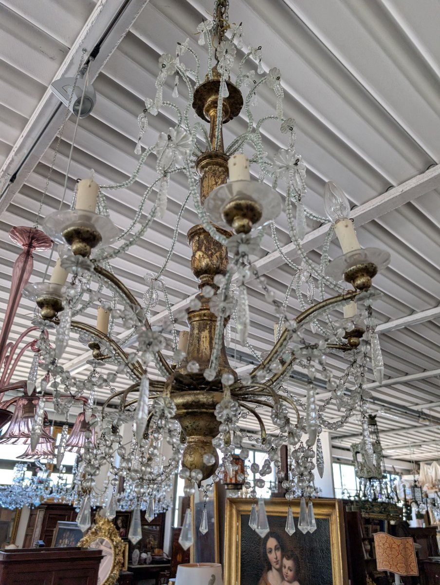 8-light Genoese Chandelier In Crystal And Gilded Wood, Early 20th Century-photo-2