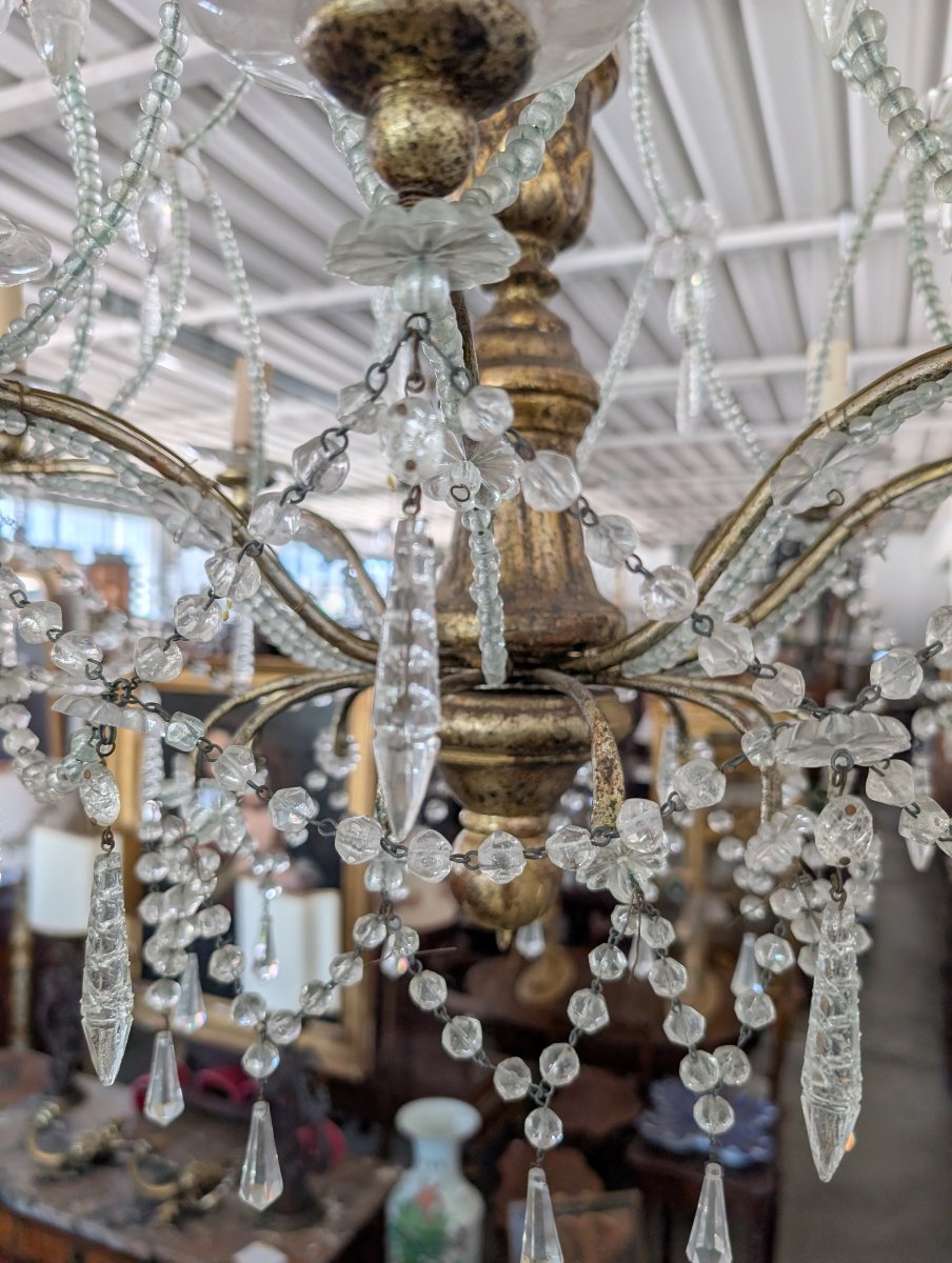 8-light Genoese Chandelier In Crystal And Gilded Wood, Early 20th Century-photo-3
