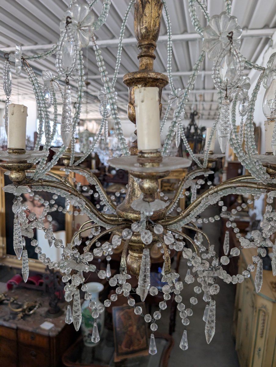 8-light Genoese Chandelier In Crystal And Gilded Wood, Early 20th Century-photo-4