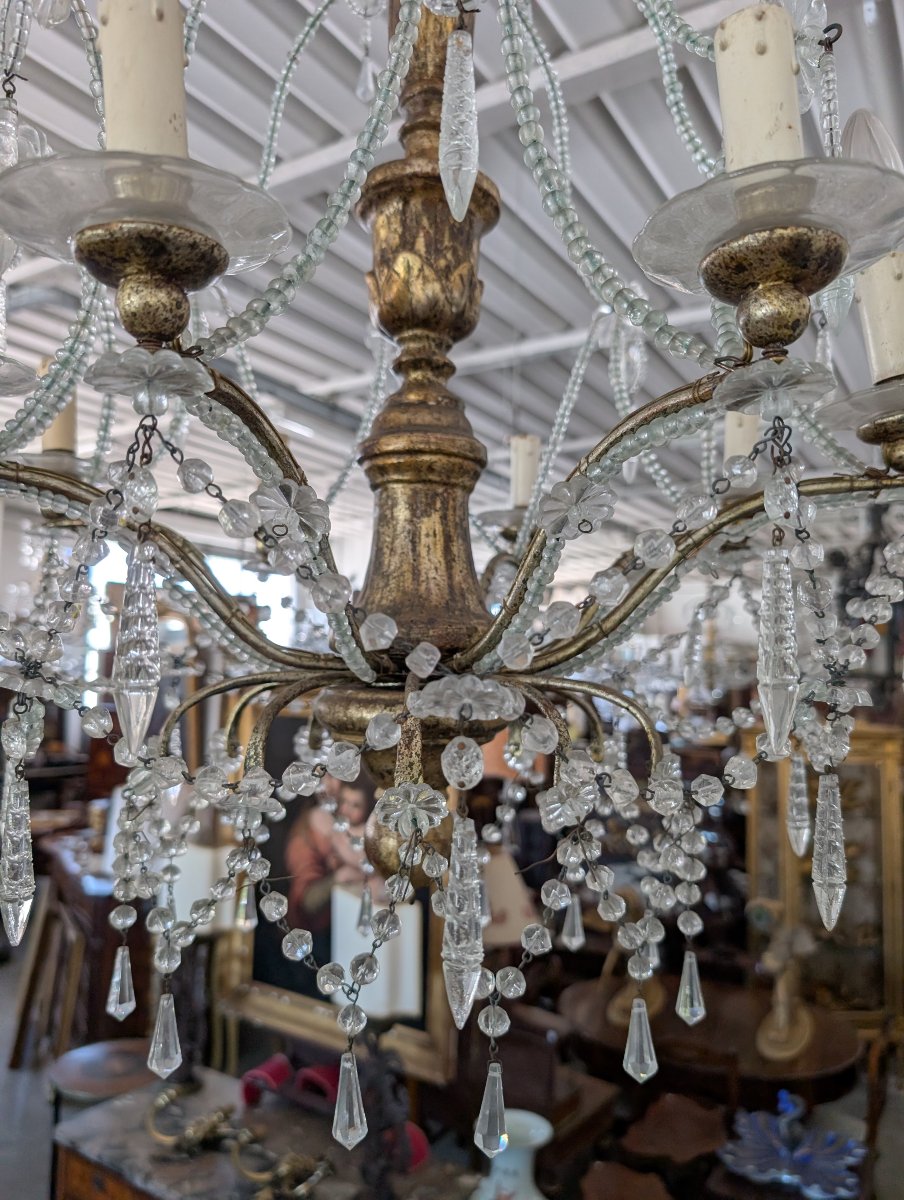 8-light Genoese Chandelier In Crystal And Gilded Wood, Early 20th Century-photo-5