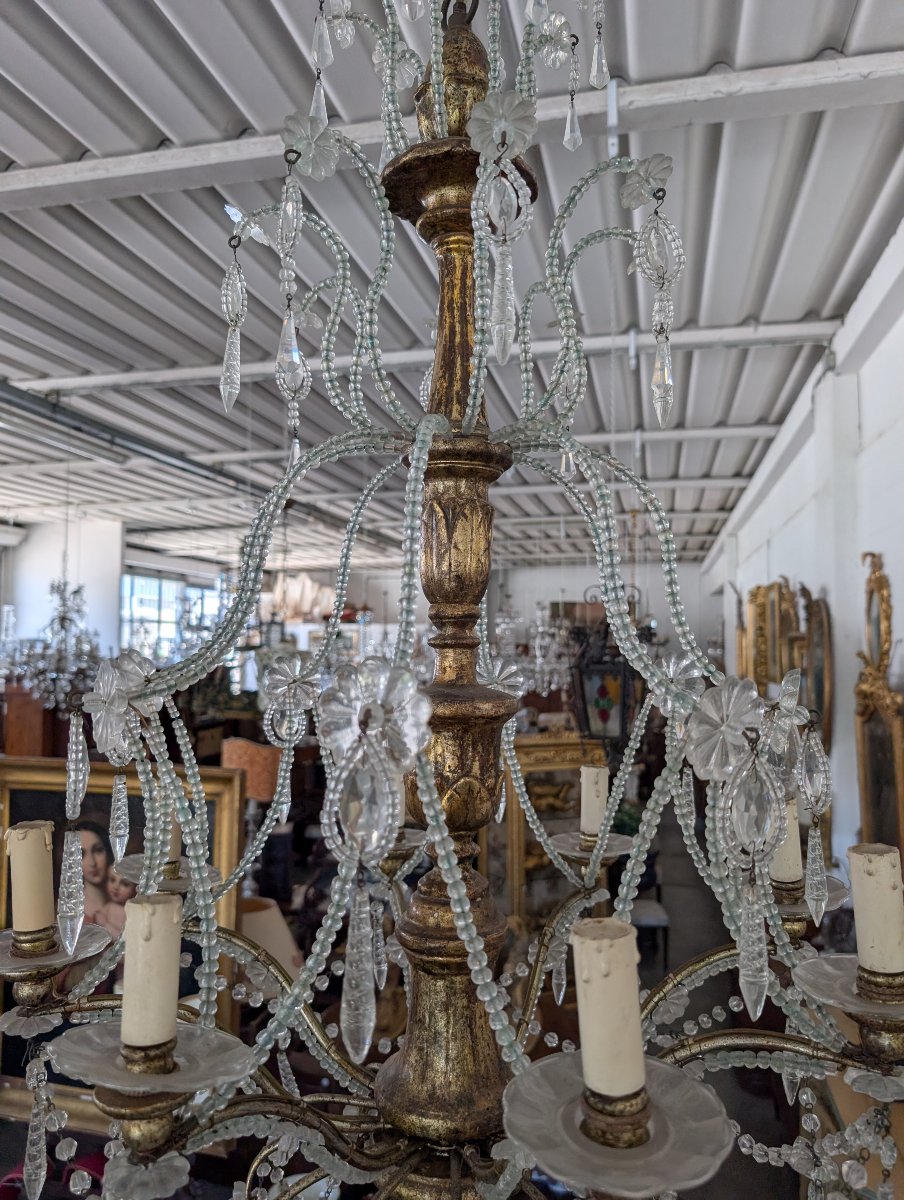 8-light Genoese Chandelier In Crystal And Gilded Wood, Early 20th Century-photo-8