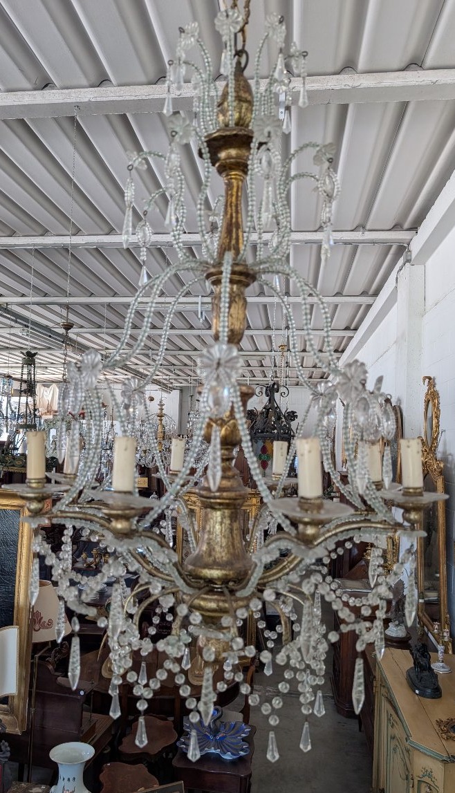 8-light Genoese Chandelier In Crystal And Gilded Wood, Early 20th Century