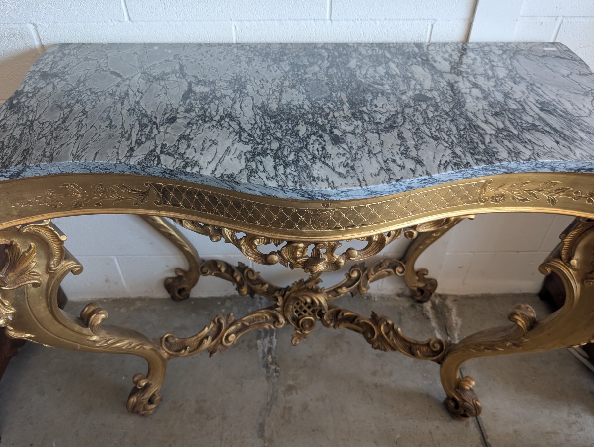 Grande Console Rocaille Dorée Avec Plateau En Marbre, Fin XIXe - Début XXe Siècle-photo-2