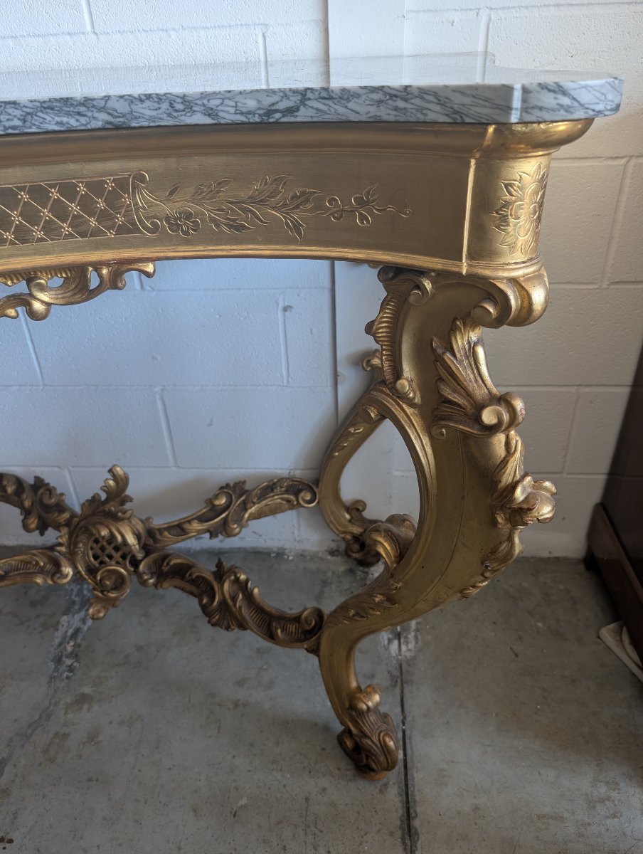 Grande Console Rocaille Dorée Avec Plateau En Marbre, Fin XIXe - Début XXe Siècle-photo-3
