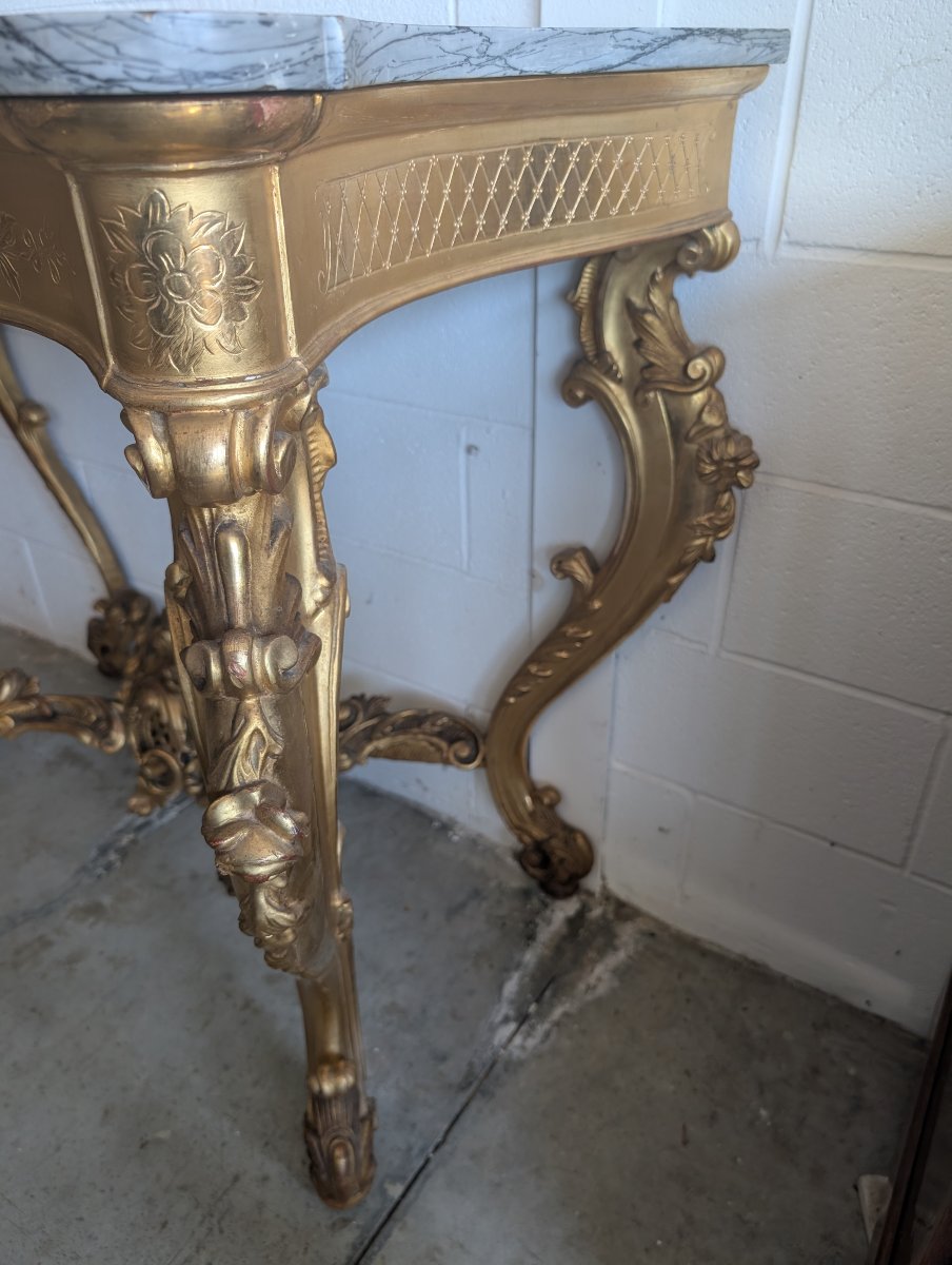 Grande Console Rocaille Dorée Avec Plateau En Marbre, Fin XIXe - Début XXe Siècle-photo-4