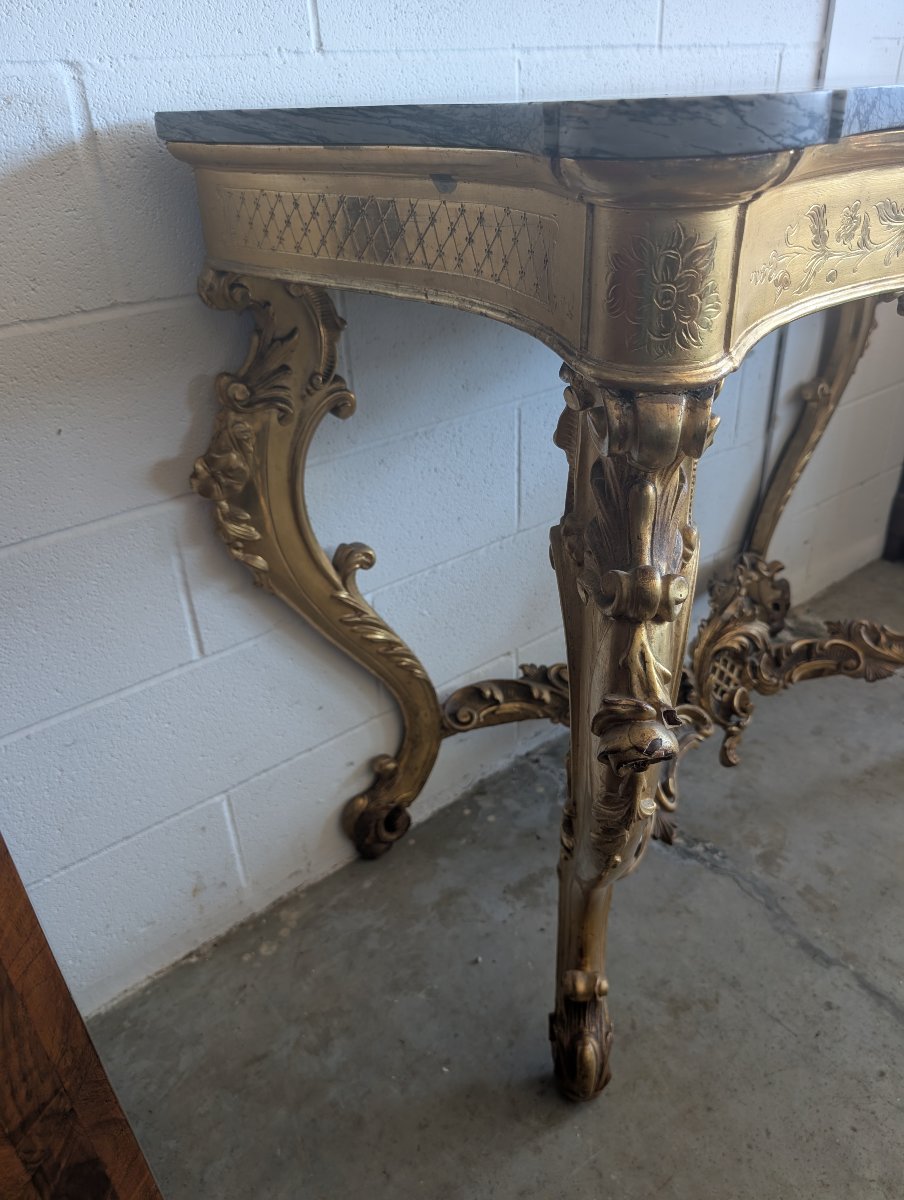 Grande Console Rocaille Dorée Avec Plateau En Marbre, Fin XIXe - Début XXe Siècle-photo-1