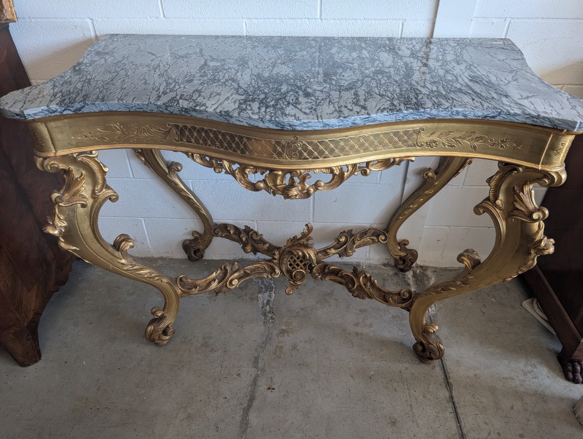 Grande Console Rocaille Dorée Avec Plateau En Marbre, Fin XIXe - Début XXe Siècle-photo-3