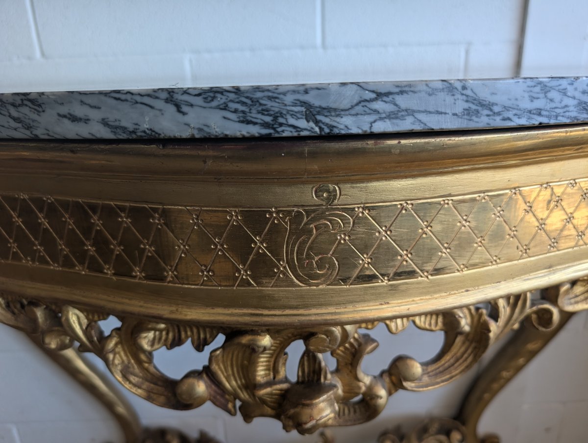 Grande Console Rocaille Dorée Avec Plateau En Marbre, Fin XIXe - Début XXe Siècle-photo-5