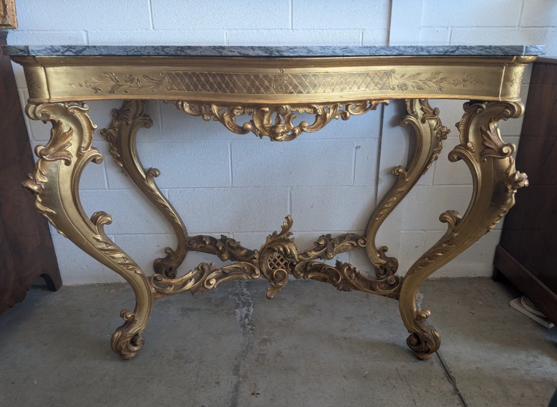 Grande Console Rocaille Dorée Avec Plateau En Marbre, Fin XIXe - Début XXe Siècle-photo-7