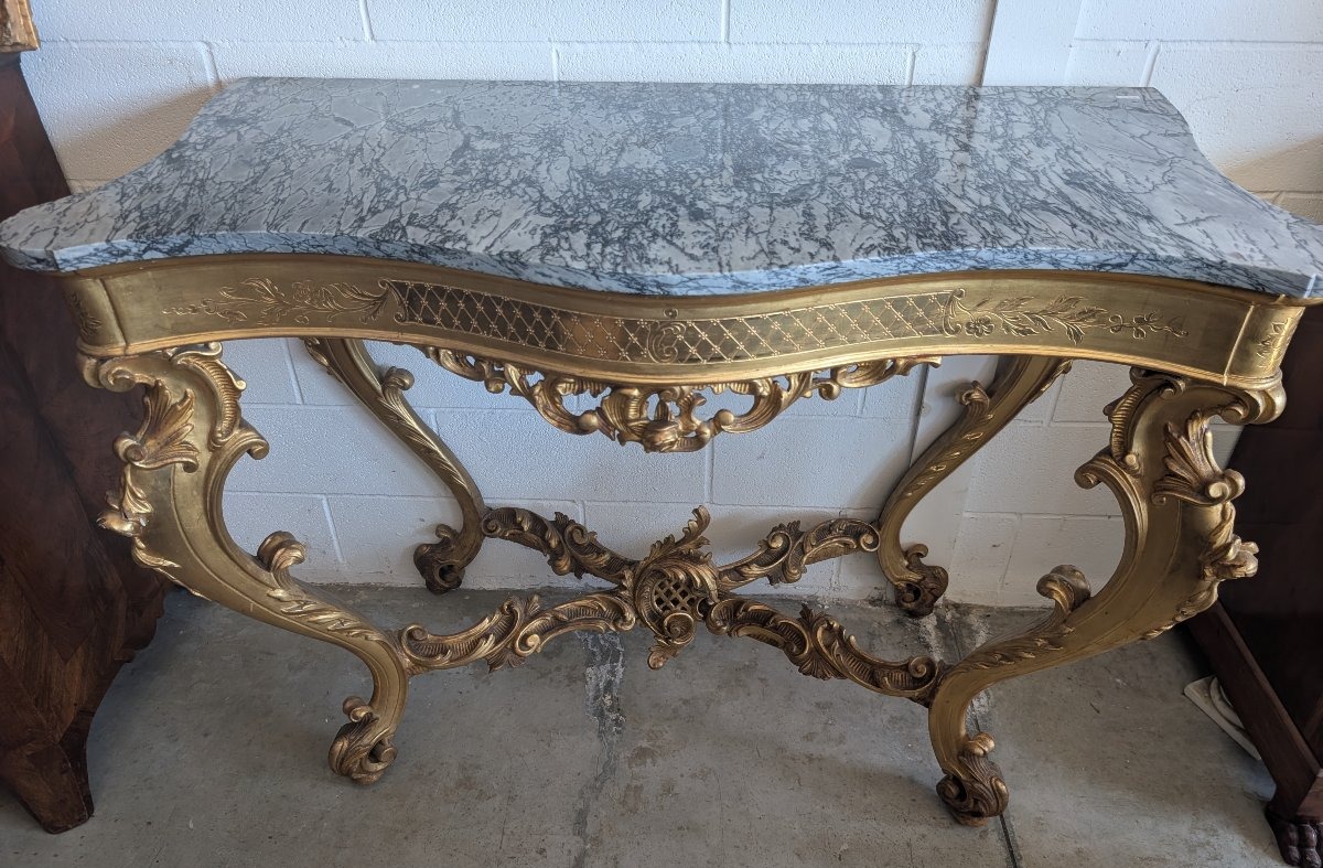 Grande Console Rocaille Dorée Avec Plateau En Marbre, Fin XIXe - Début XXe Siècle-photo-8