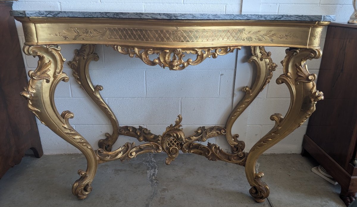 Grande Console Rocaille Dorée Avec Plateau En Marbre, Fin XIXe - Début XXe Siècle