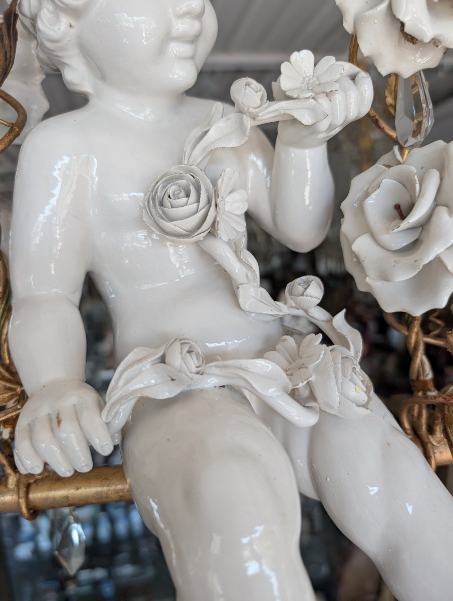 6-light Chandelier With Porcelain Putto, Crystals, And Roses – 1950s-photo-3