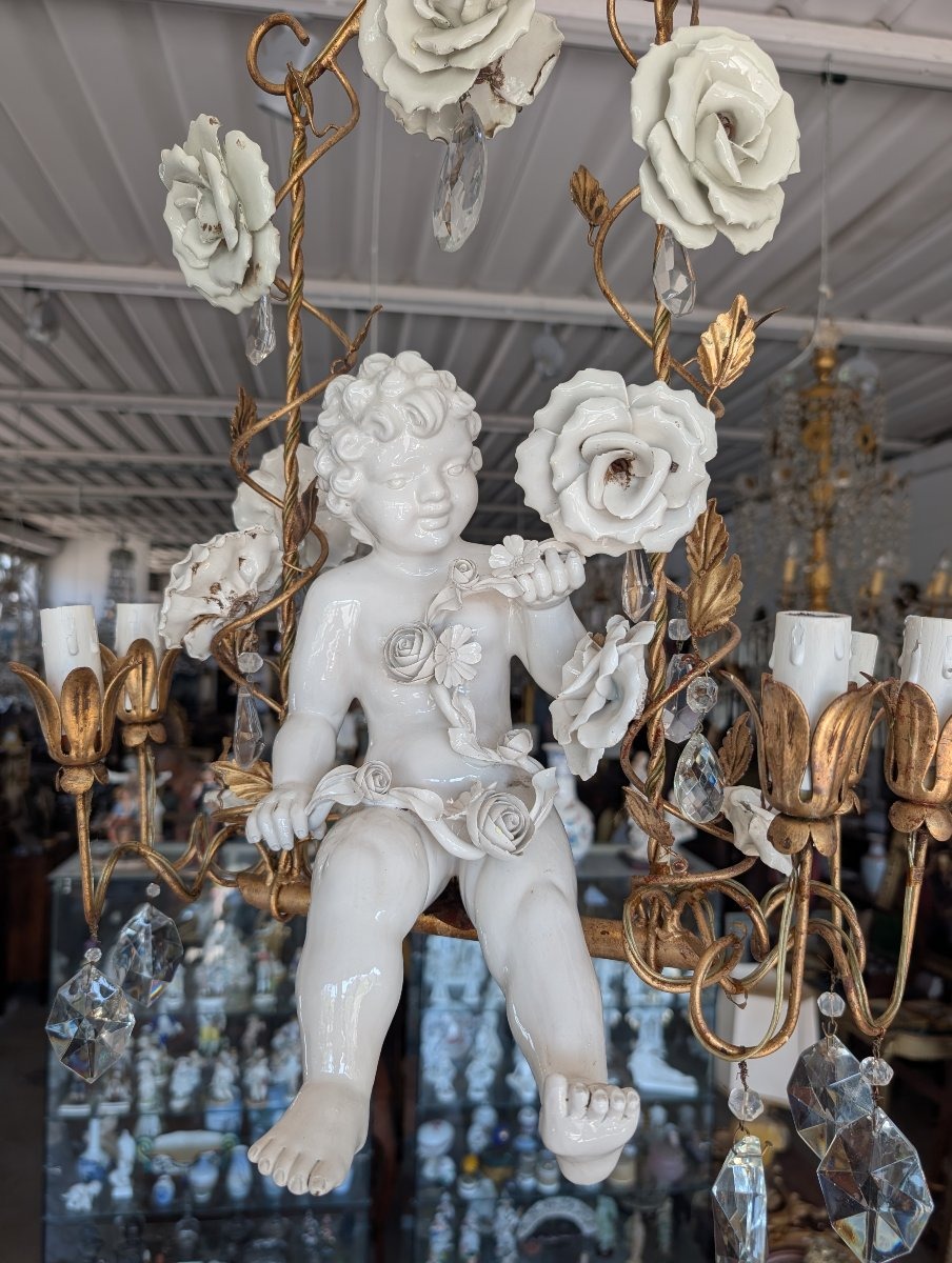 6-light Chandelier With Porcelain Putto, Crystals, And Roses – 1950s-photo-4