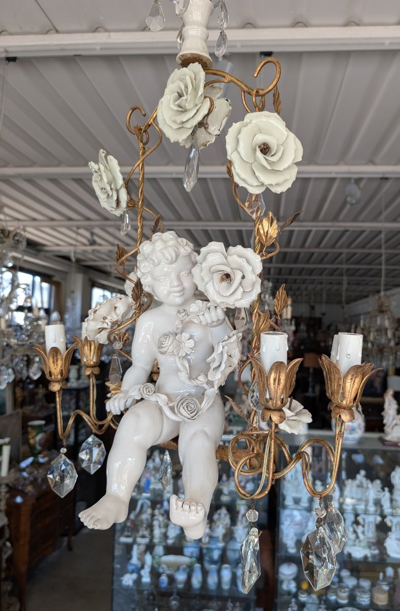 6-light Chandelier With Porcelain Putto, Crystals, And Roses – 1950s-photo-1
