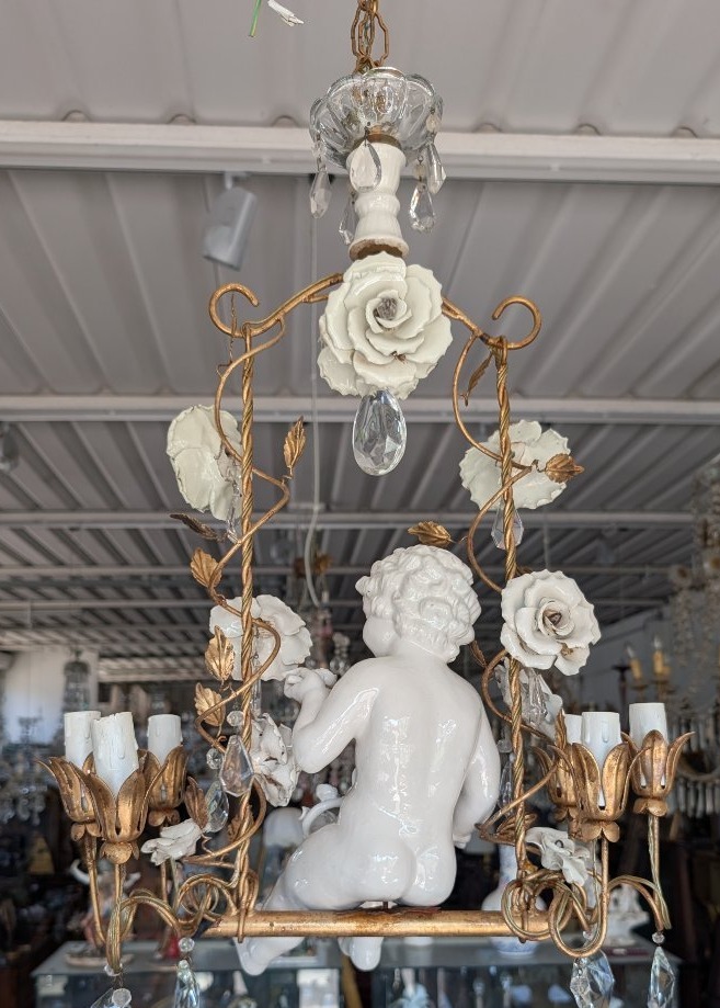 6-light Chandelier With Porcelain Putto, Crystals, And Roses – 1950s-photo-2