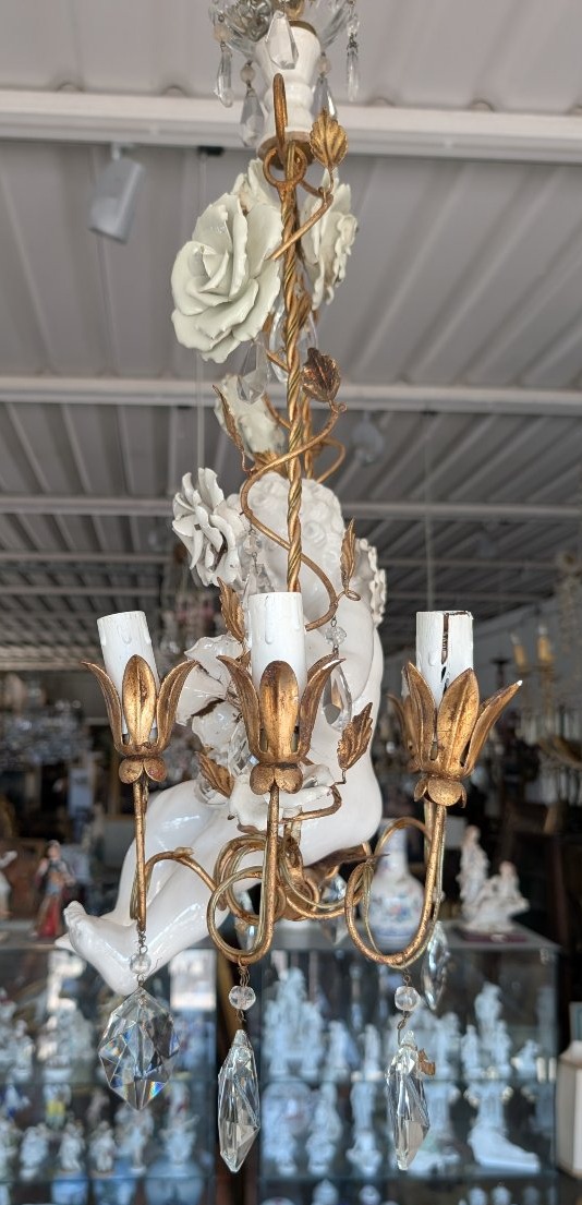 6-light Chandelier With Porcelain Putto, Crystals, And Roses – 1950s-photo-3