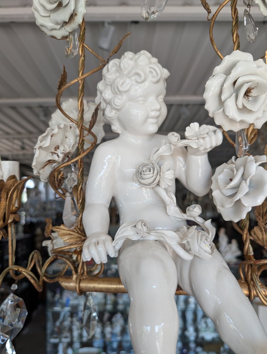 6-light Chandelier With Porcelain Putto, Crystals, And Roses – 1950s-photo-4