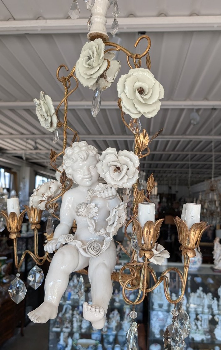 6-light Chandelier With Porcelain Putto, Crystals, And Roses – 1950s-photo-5