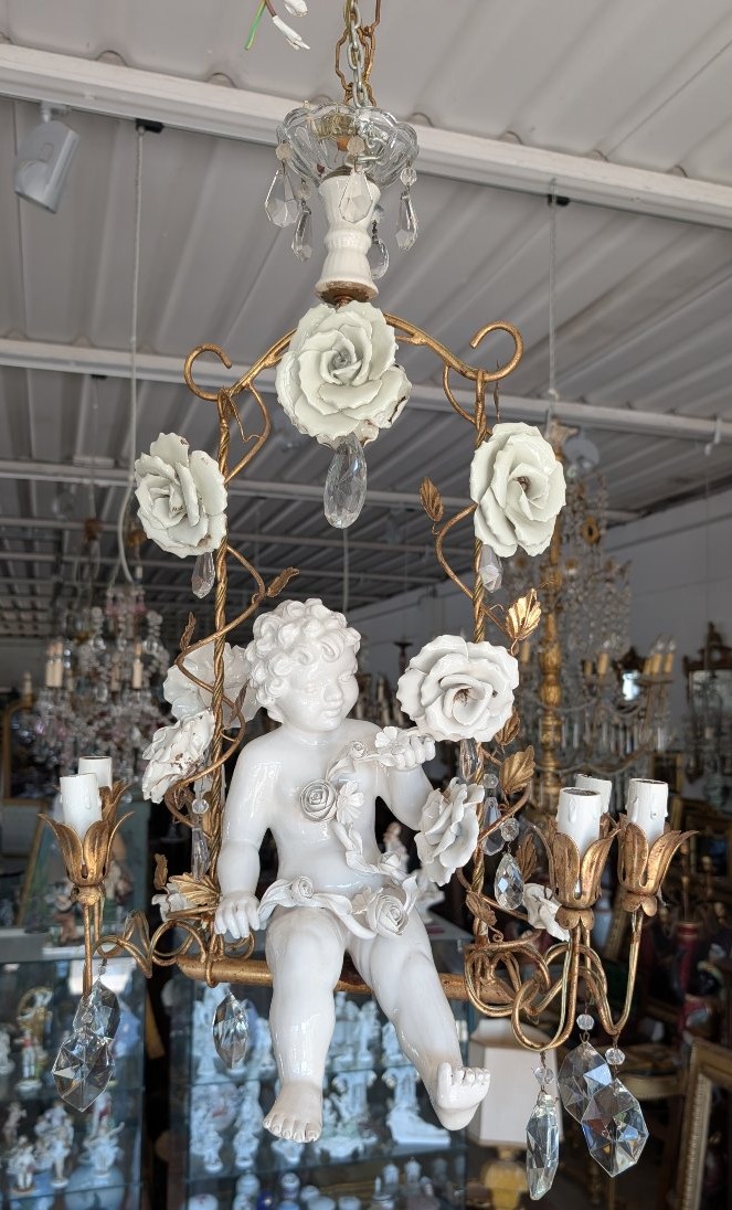 6-light Chandelier With Porcelain Putto, Crystals, And Roses – 1950s-photo-6