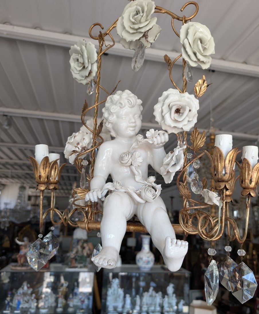 6-light Chandelier With Porcelain Putto, Crystals, And Roses – 1950s-photo-8