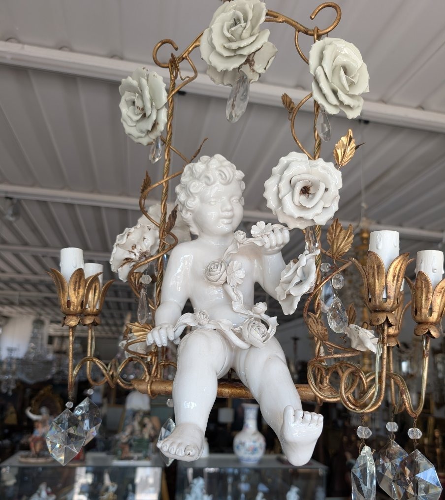 6-light Chandelier With Porcelain Putto, Crystals, And Roses – 1950s