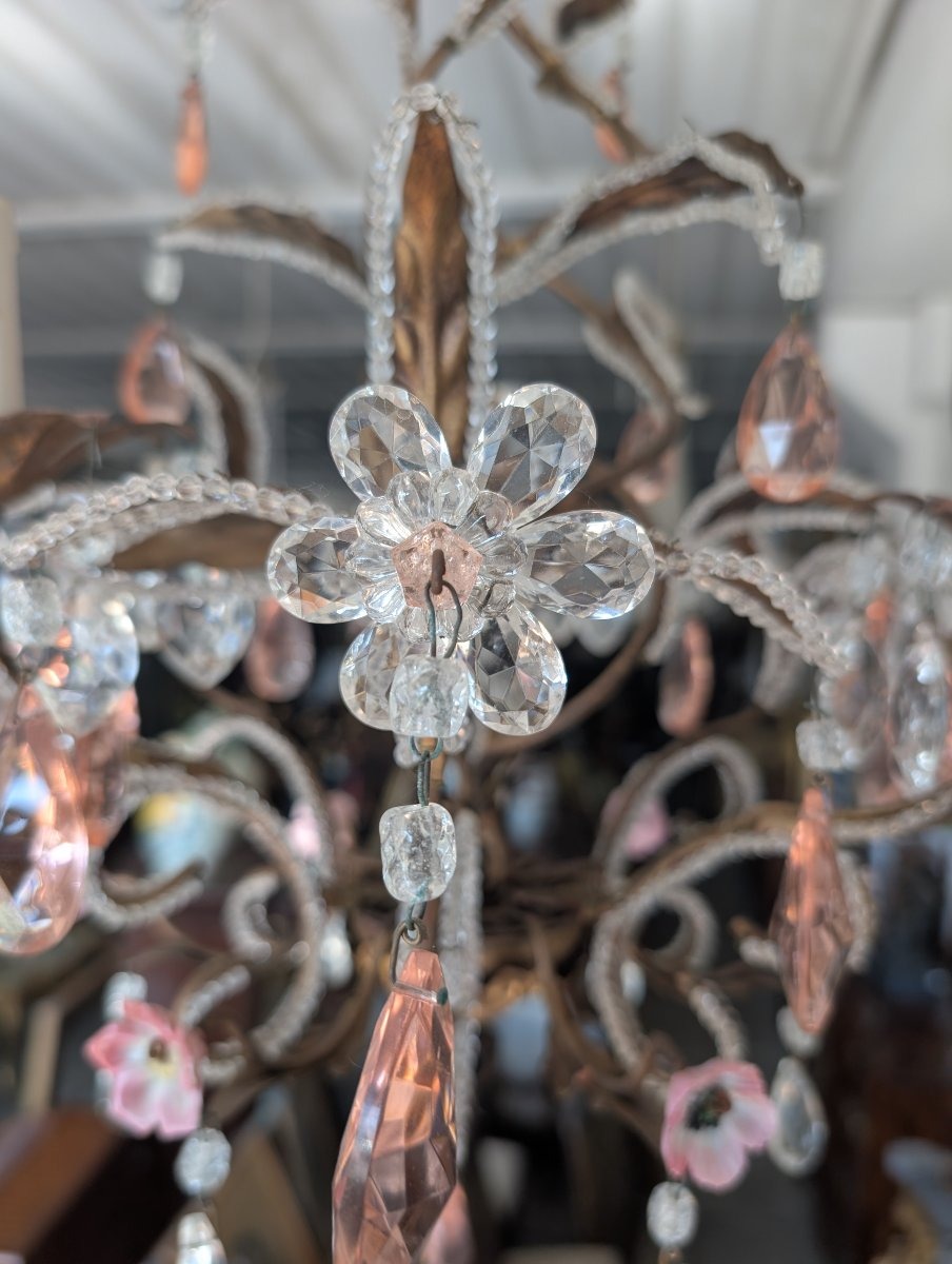 Small 3-light Chandelier In Gilded Iron, Crystal, And Porcelain – 1950s-photo-2