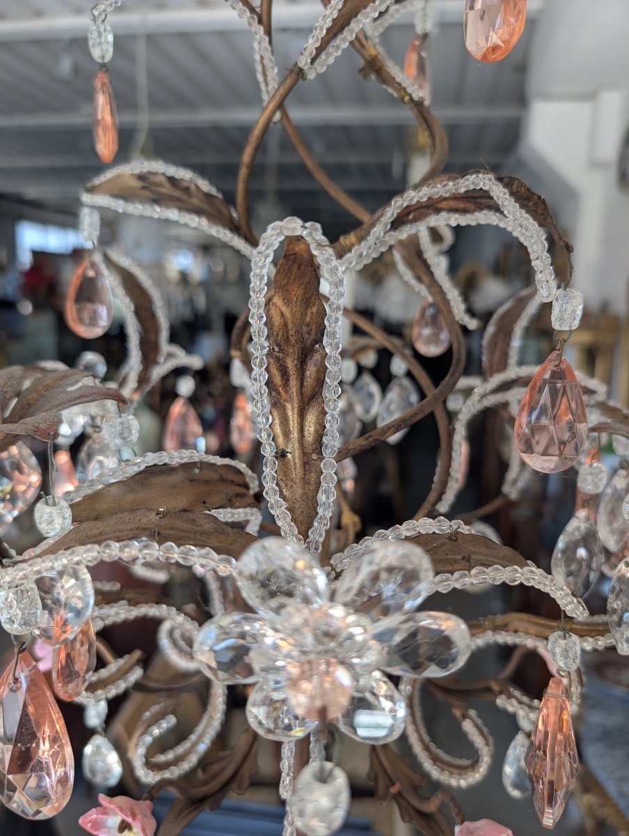 Small 3-light Chandelier In Gilded Iron, Crystal, And Porcelain – 1950s-photo-3