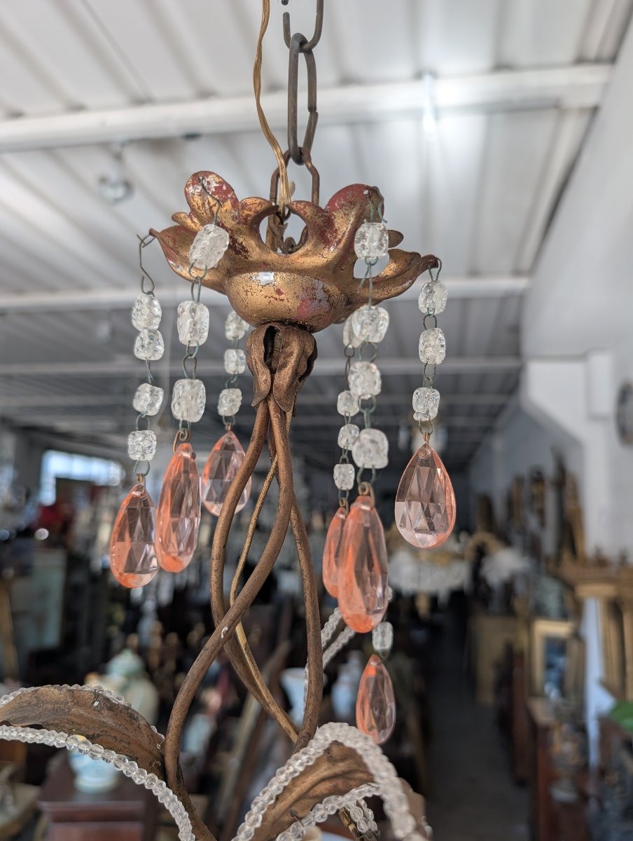 Small 3-light Chandelier In Gilded Iron, Crystal, And Porcelain – 1950s-photo-1