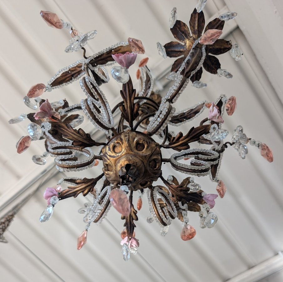 Small 3-light Chandelier In Gilded Iron, Crystal, And Porcelain – 1950s-photo-6