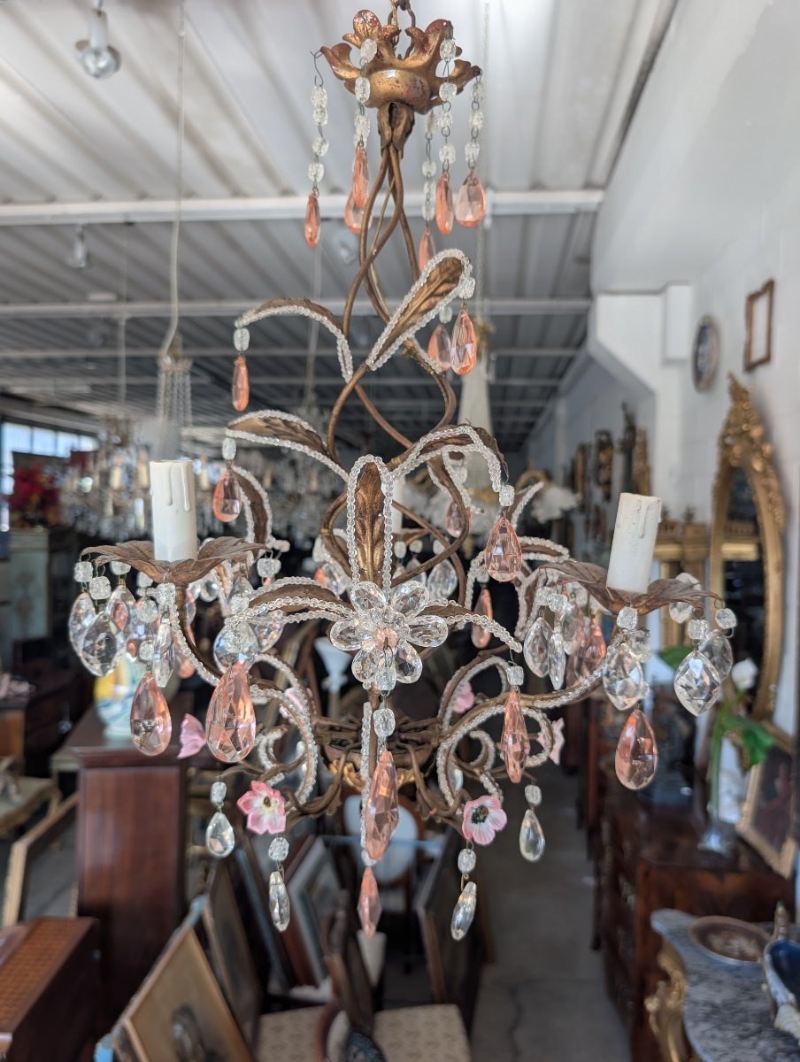 Small 3-light Chandelier In Gilded Iron, Crystal, And Porcelain – 1950s-photo-7
