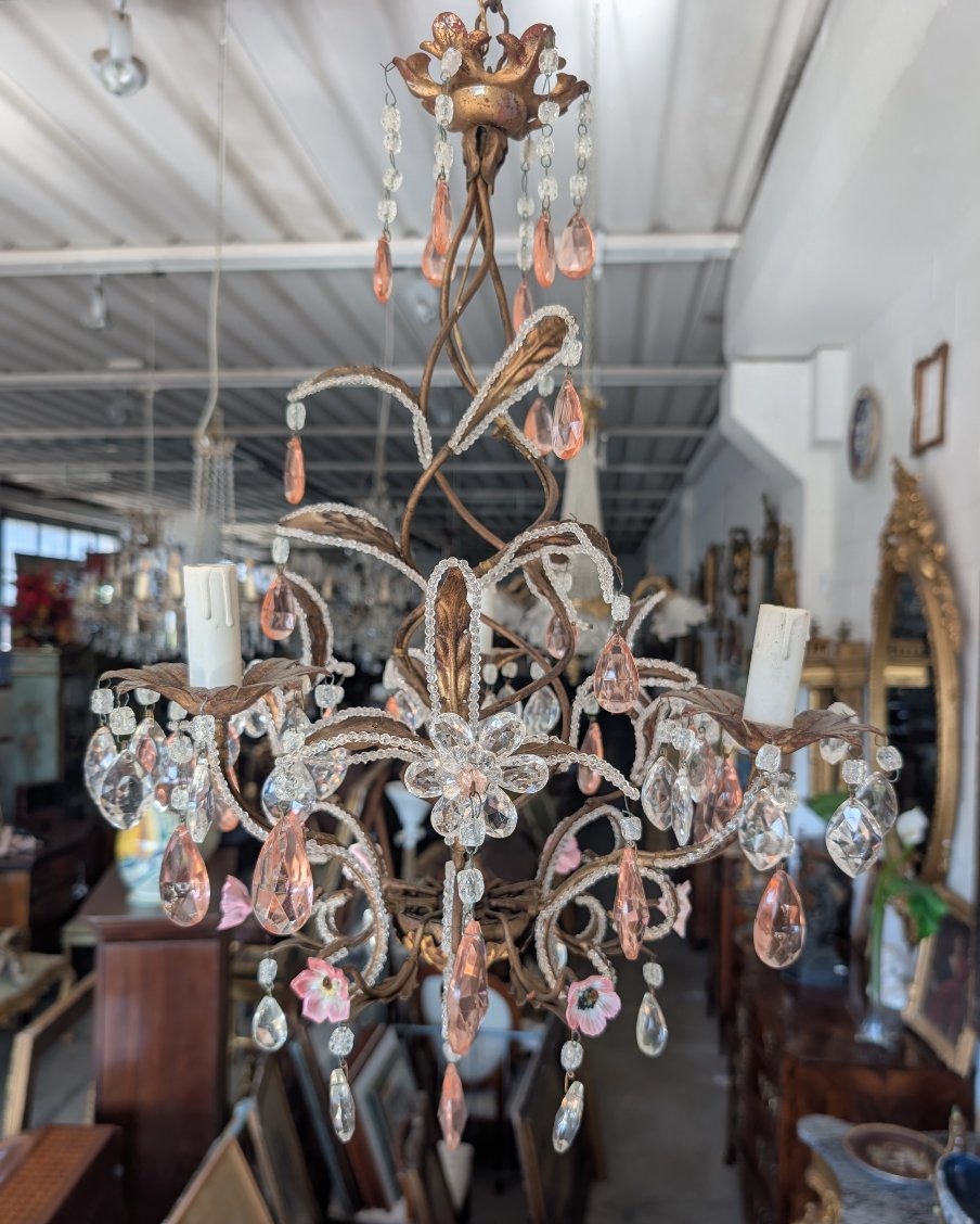 Small 3-light Chandelier In Gilded Iron, Crystal, And Porcelain – 1950s