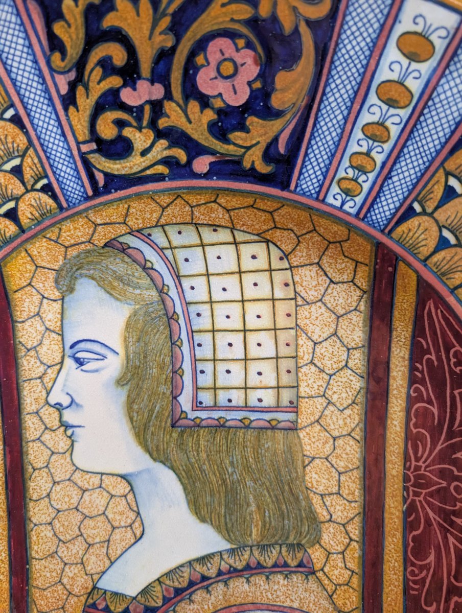 Large Rubboli-glazed Plate With A Renaissance-style Female Profile – Gualdo Tadino, Mid-19th Century-photo-2