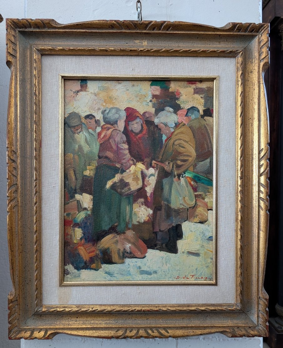 Giulio Da Vicchio (1925-2004) – « Marché », huile sur toile, 30 x 40 cm