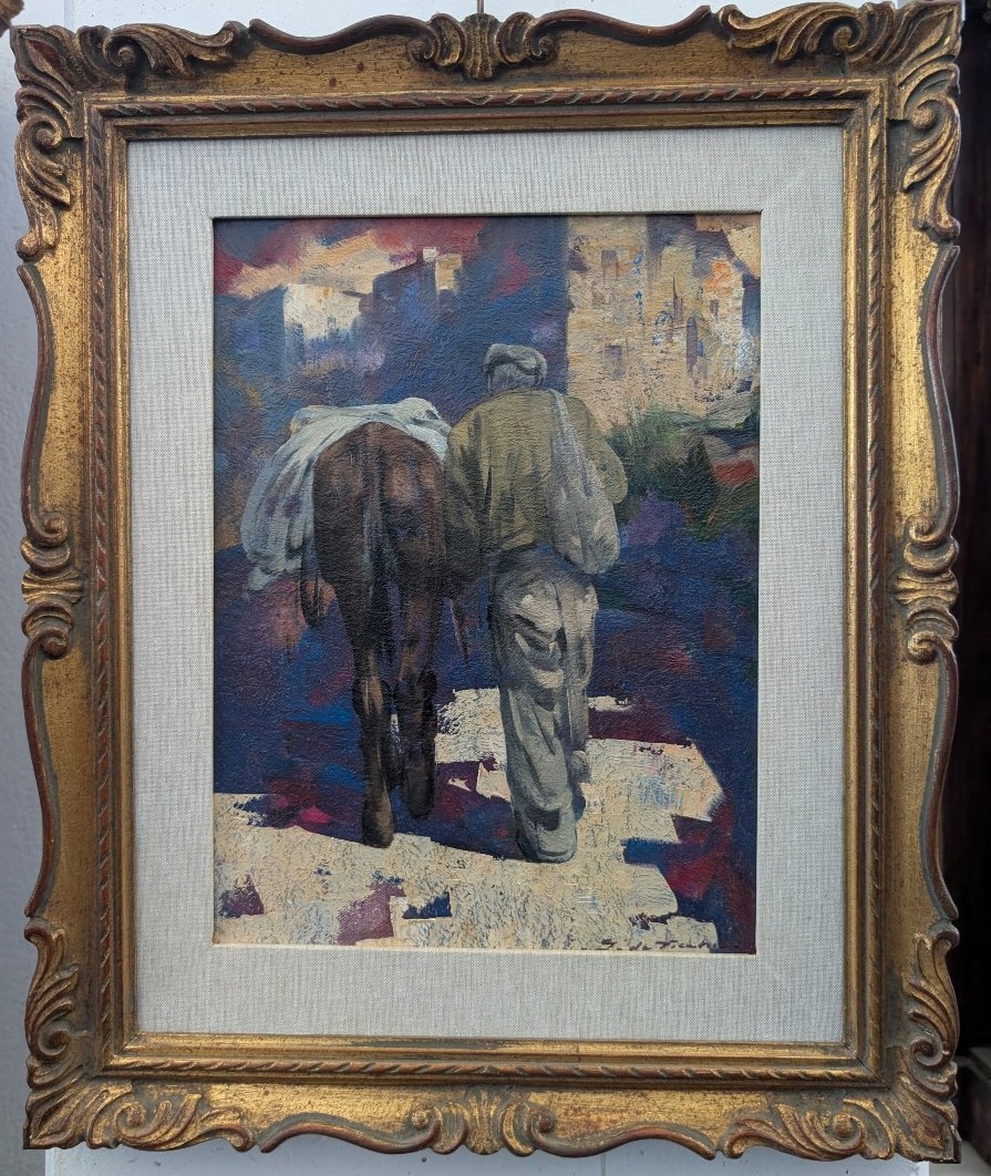 Giulio Da Vicchio – Paysan conduisant un mulet vers un village Huile sur toile-photo-2