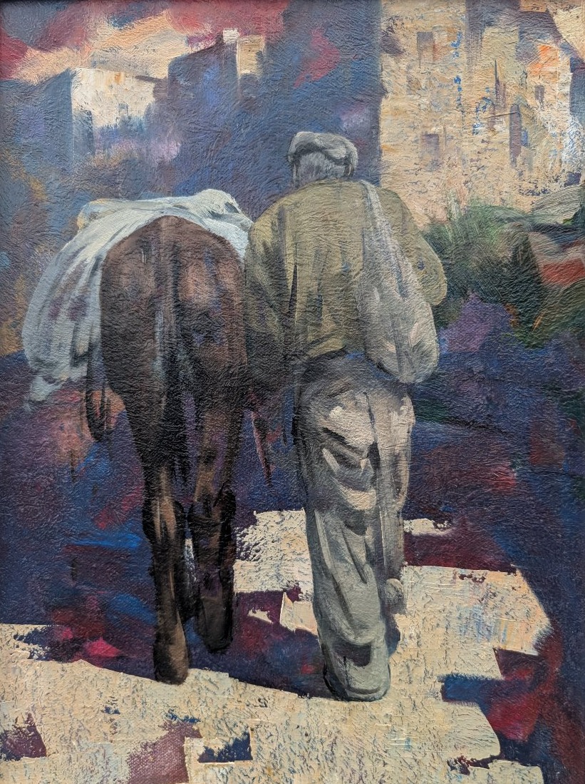Giulio Da Vicchio – Paysan conduisant un mulet vers un village Huile sur toile-photo-3