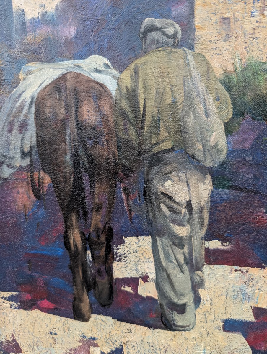 Giulio Da Vicchio – Paysan conduisant un mulet vers un village Huile sur toile-photo-2