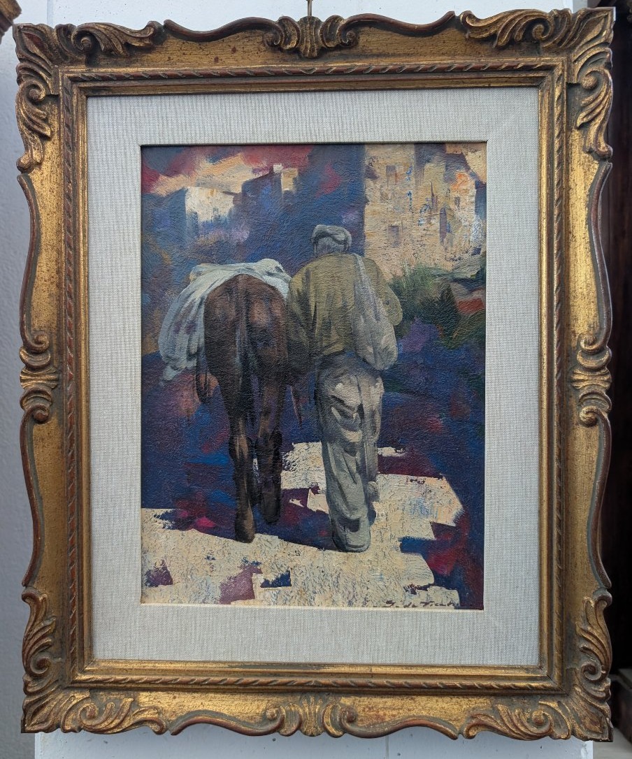 Giulio Da Vicchio – Paysan conduisant un mulet vers un village Huile sur toile-photo-4