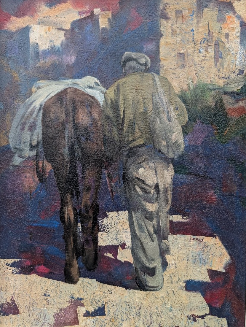 Giulio Da Vicchio – Paysan conduisant un mulet vers un village Huile sur toile