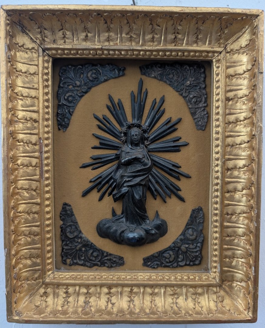 Genoese Devotional Image In Silver Set In A Gilded Wooden Frame-photo-4