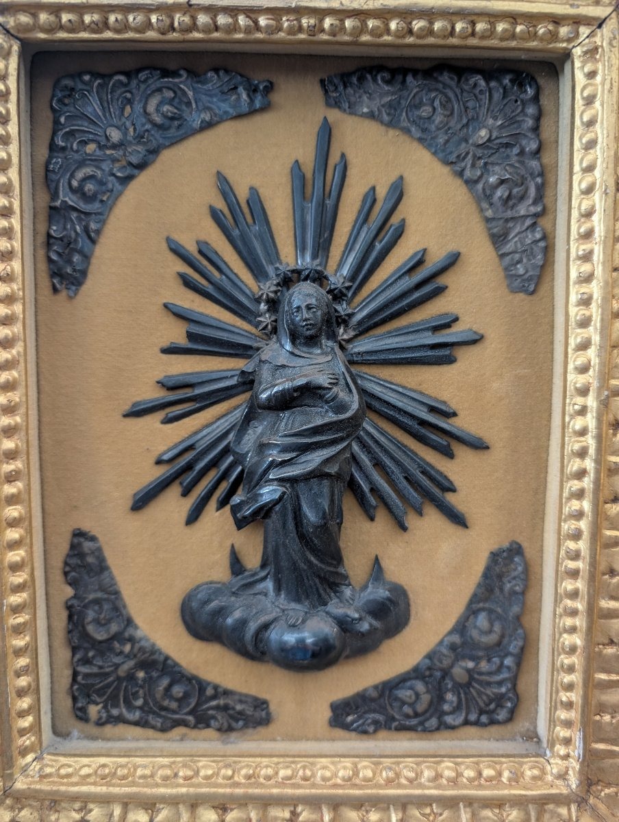 Genoese Devotional Image In Silver Set In A Gilded Wooden Frame-photo-2