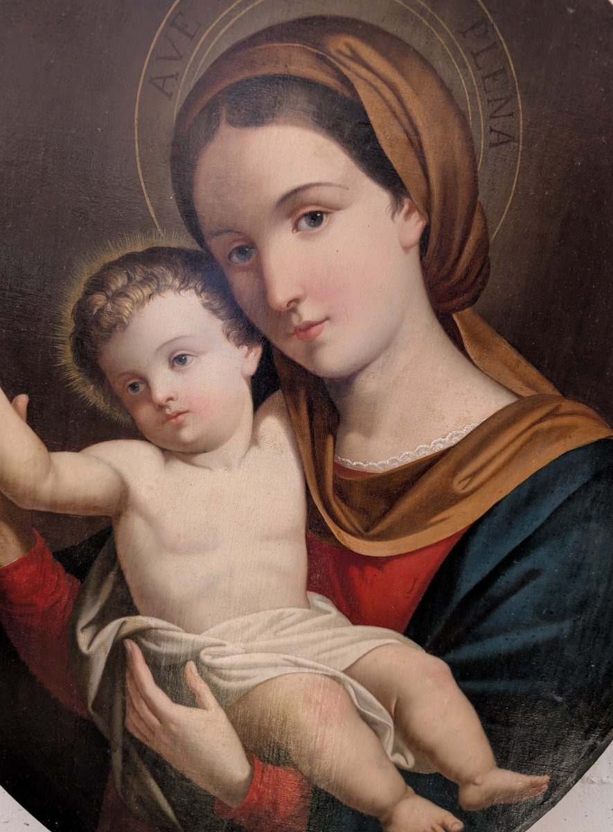 Vierge à l'Enfant – Peinture de dévotion ovale de la fin du XIXe siècle-photo-2