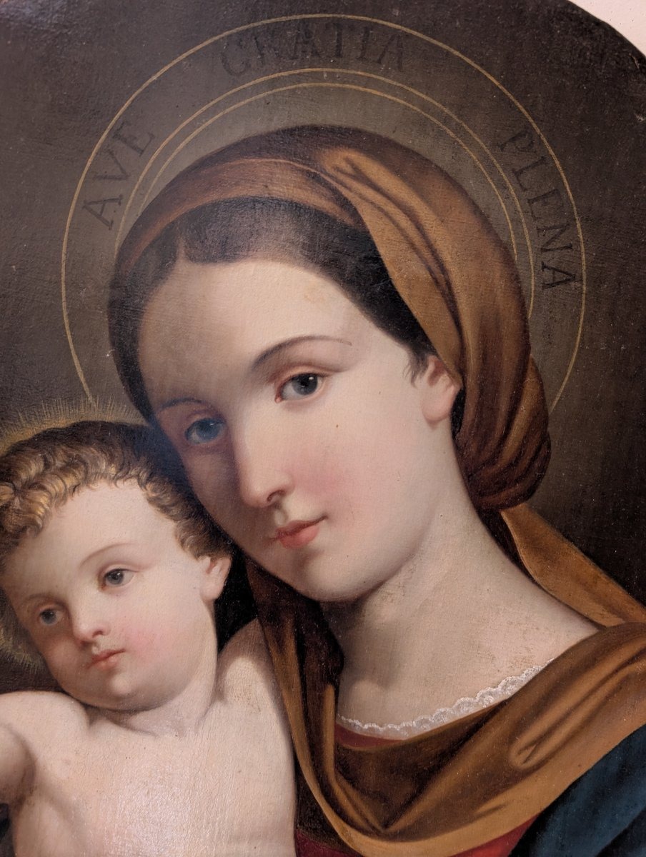 Vierge à l'Enfant – Peinture de dévotion ovale de la fin du XIXe siècle-photo-3