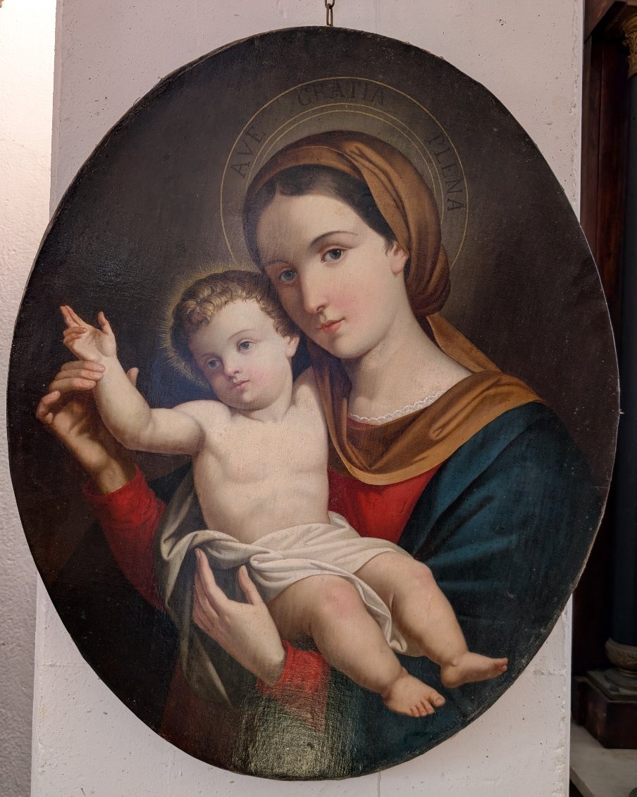 Vierge à l'Enfant – Peinture de dévotion ovale de la fin du XIXe siècle-photo-6