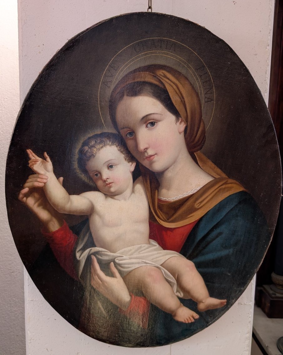 Vierge à l'Enfant – Peinture de dévotion ovale de la fin du XIXe siècle