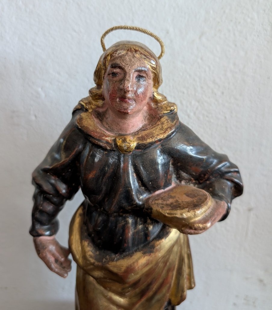 Sainte Lucie – Sculpture en bois polychrome et doré, première moitié du XIXe siècle-photo-4