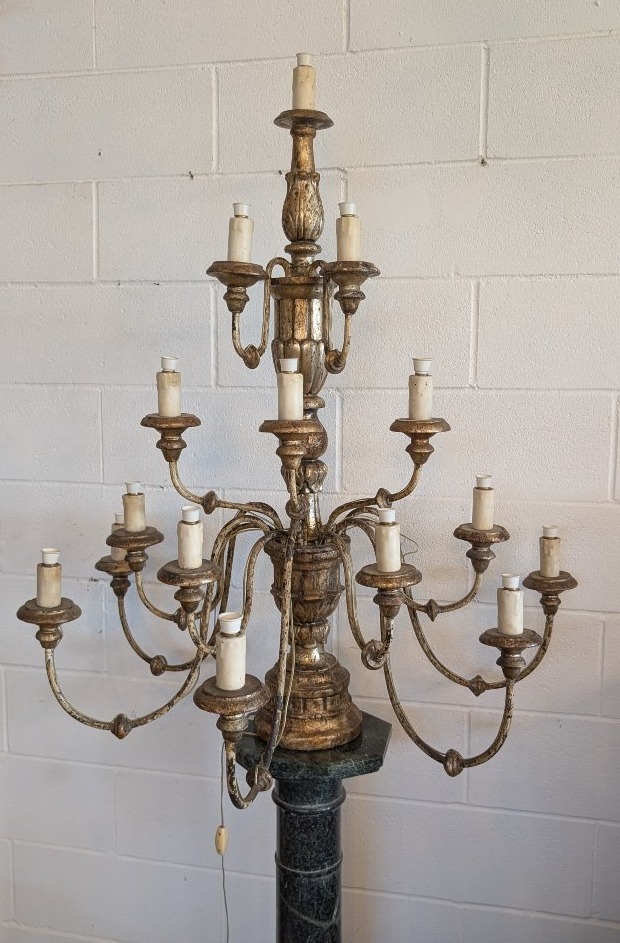 Antique Fifteen-light Church Candelabrum Made Of Gilded Wood – Tuscany, Late 18th Century.-photo-3