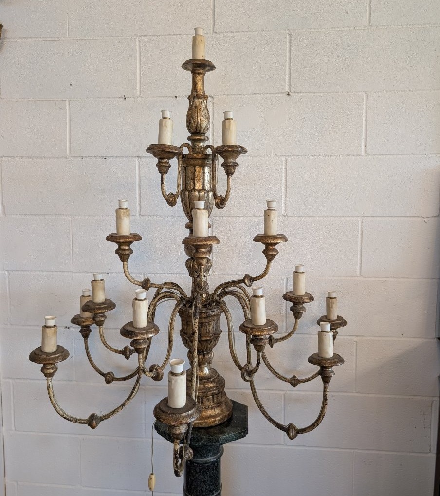 Antique Fifteen-light Church Candelabrum Made Of Gilded Wood – Tuscany, Late 18th Century.-photo-1